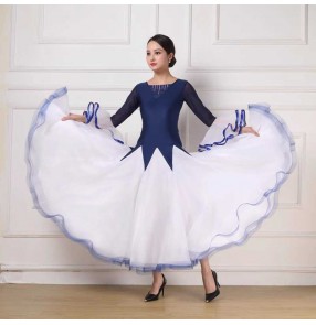 Women girls navy purple white competition ballroom dance dresses flare sleeves waltz tango foxtrot smooth dance long gown for female